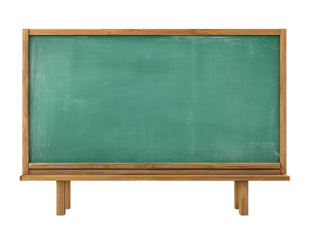 A vintage green classroom chalkboard with wooden frame and ledge, spotless surface, isolated on transparent background.
