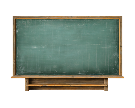 A vintage green classroom chalkboard with wooden frame and ledge, spotless surface, isolated on transparent background.
