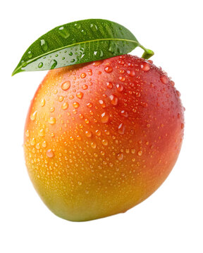 Close up of a ripe mango with water droplets and a green leaf against a white background