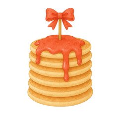 Watercolor illustration of a stack of pancakes topped with dripping red syrup and a decorative bow. Perfect for breakfast menus, bakery ads, greeting cards, and festive food designs.