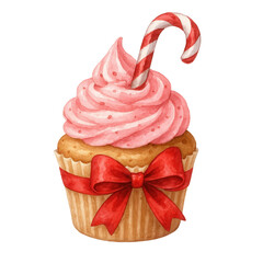 Watercolor illustration of a Christmas cupcake decorated with pink cream, red ribbon, and candy cane. Perfect for holiday cards, invitations, and festive designs.