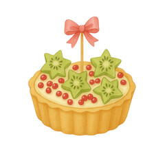 Watercolor illustration of a tart topped with starfruit slices, red berries, and a pink bow decoration. Perfect for bakery menus, greeting cards, party invitations, and festive dessert designs.