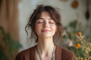 Woman practicing mindfulness and relaxation at home, eyes closed in a serene and peaceful moment, Generative AI