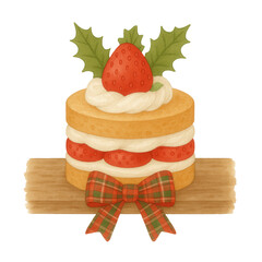 Watercolor illustration of a strawberry Christmas shortcake with cream, plaid ribbon bow, and holly leaves. Perfect for holiday cards, invitations, bakery menus, and festive designs.
