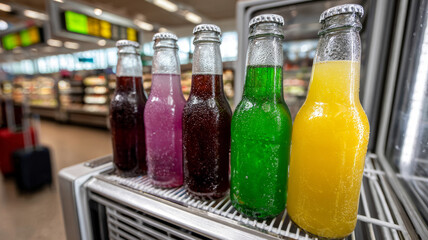 Colorful soda bottles displayed in a store fridge.