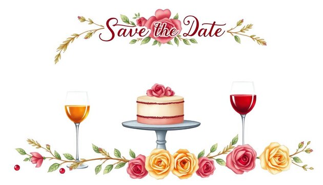 Elegant hand-drawn wedding save the date design featuring a cake, wine, and romantic elements in a coquette La Dolce Vita style,  valentine,  save the date - Powered by Adobe