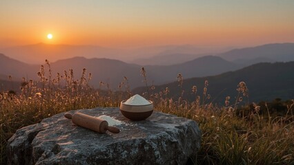Sunset over mountains with a rolling pin and bowl of flour on a rock, capturing nature's beauty
