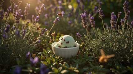 Mint chocolate chip ice cream in a white bowl surrounded by blooming lavender flowers at sunset