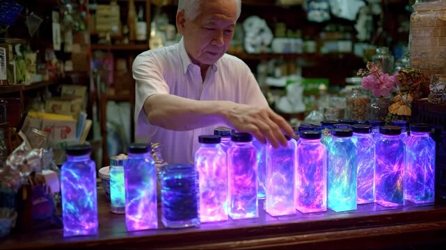 AI Empowered Micro Jobs: An Elderly Artisan Expertly Arranging Glowing Cosmic Bottles in His Shop