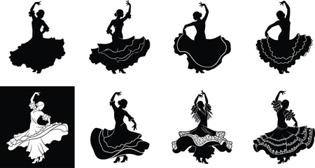 lamenco dancer silhouettes, traditional Spanish dance poses, ruffled dress movement, cultural performance art, elegant female figures, dramatic posture