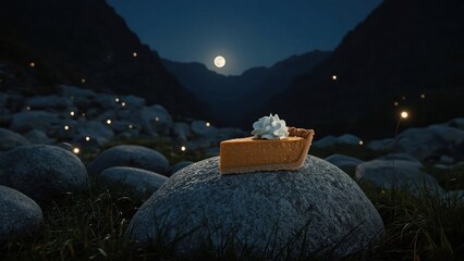 A delicious slice of pumpkin pie topped with whipped cream, set on a rocky landscape under a full moon, surrounded by glowing fireflies