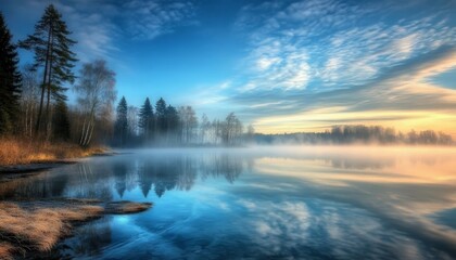 Fototapeta premium Serene Winter Morning at Peaceful Lake, Fog Rolling Over Water, Forest Reflections in Calm Waters
