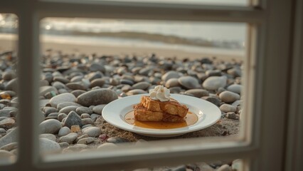 Delicious French toast with whipped cream served on a plate, framed by a window overlooking a pebbly beach at sunset
