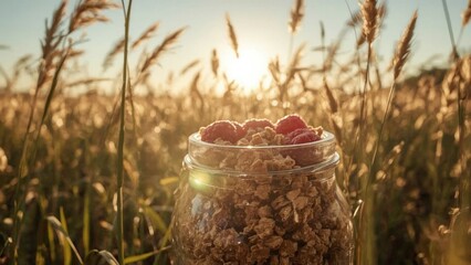 A jar of granola topped with fresh raspberries sits in a sunlit field of tall grass at sunset