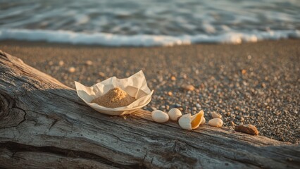 Tranquil beach scene with sand and seashells arranged on driftwood near gentle waves at sunset