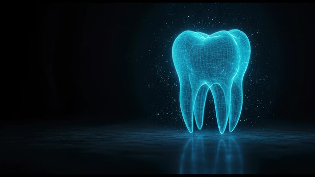 Glowing blue digital 3D tooth model on dark background, symbolizing dental health, oral care, dentistry, technology, and medical innovation, with copy space