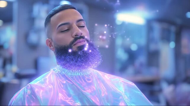 AI Empowered Micro Jobs: Man Receiving a Futuristic Beard Transformation with Sparkling Light Effects