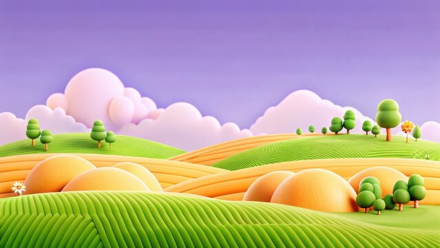 3d whimsical rolling hills with stylized trees and clouds