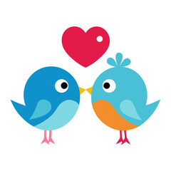 Two cute cartoon birds in love with a heart vector on white background.