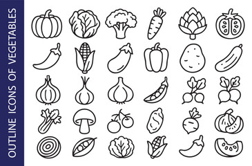 Set of contour icons of vegetables. Vector on a gray background