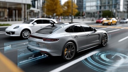 Futuristic self-driving car shows cutting-edge technology as it drives on the highway while monitoring surrounding vehicles with precision.