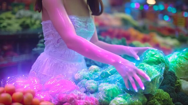 AI Empowered Micro Jobs: Shopper Utilizes Advanced Holographic Interface for Efficient Produce Selection in Vibrant Market