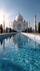 Mausoleum reflects perfectly on serene waters, framed by verdant lawns and trees under a clear blue sky, creating a tranquil atmosphere.