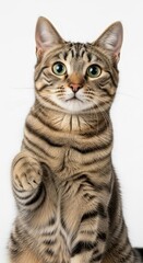 Curious tabby cat sitting isolated on white background