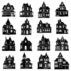 Vector illustration of collection of sixteen black and white spooky haunted house vector illustrations