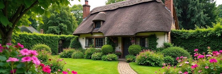 Fototapeta premium Charming Thatched Cottage in Vibrant English Country Garden, Overflowing with Blooming Flowers and Lush Greenery Idyllic Summer Scene Perfect for Home, Travel, and Nature Themes