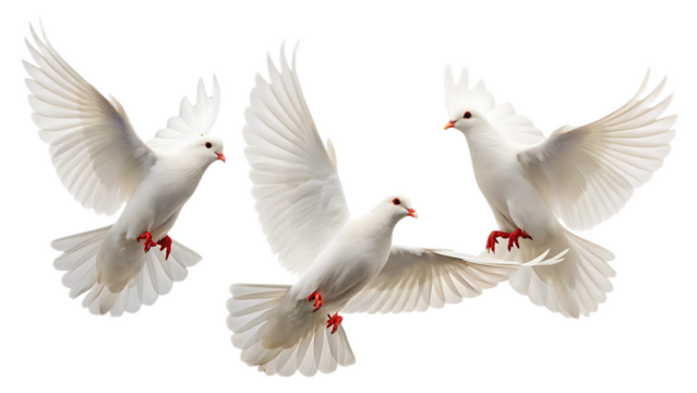 Three white doves flying with wings spread against a plain white background in a studio shot