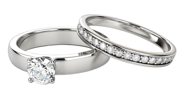 Close up of two silver wedding bands one with a large diamond and one with smaller diamonds set in it
