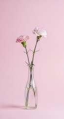 Two pink carnations in clear glass vase isolated on pink background
