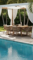 Outdoor dining area with canopy and poolside table setup