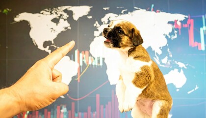 Adorable puppy stands alert as a pointing finger guides, against backdrop of a world map intertwined with a vibrant graph suggesting global perspectives