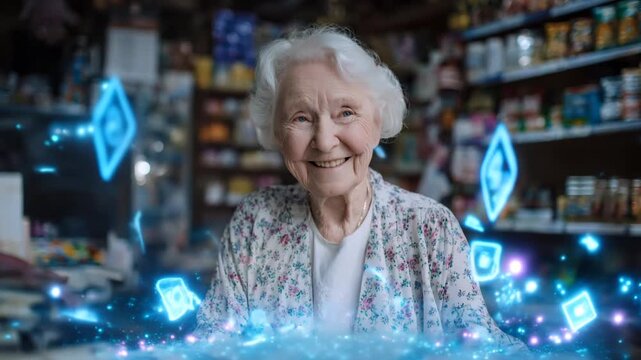 AI Empowered Micro Jobs: A Smiling Senior Woman Engages with Futuristic Digital Technology in a Local Shop