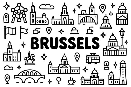 Brussels doodle compilation: Atomium, Grand Place buildings, palaces, churches, bridges, statue, tram, coffee, and flags.
