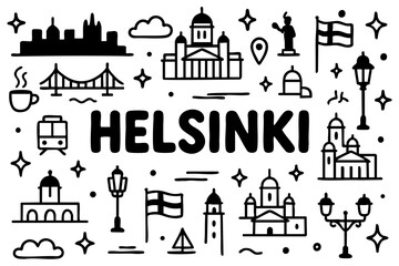 Helsinki doodle compilation: Helsinki Cathedral, domes, bridges, tram, lighthouse, statue, coffee, flags, and Finnish landmarks.