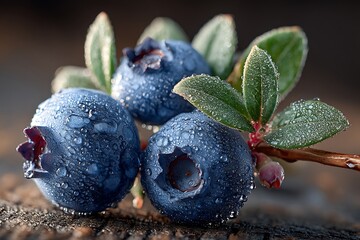 Freshly picked blueberries resting on vibrant green leaves with water droplets glistening in sunlight.