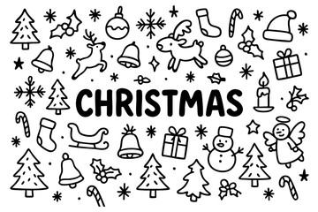 Fototapeta premium Christmas doodle compilation: trees, reindeer, bells, stockings, snowmen, candles, gifts, holly, and holiday decorations.