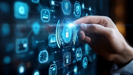 Biometric fintech security interface animation. A hand interacting with a digital security interface showcasing data protection - Powered by Adobe