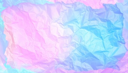 Obraz premium Crumpled paper in a mix of pastel colors, primarily pink and blue with soft gradient shifts, creating an abstract and textured background effect
