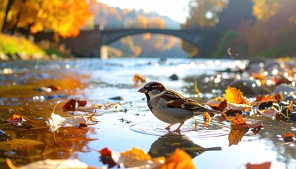 Sparrow standing in shallow, sunlit water amidst fallen golden autumn leaves with an arched bridge and trees in the soft-focus background