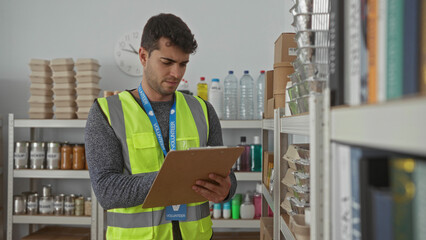 Man holds clipboard while writing inventory in warehouse as male young hispanic volunteer organizes donation food.