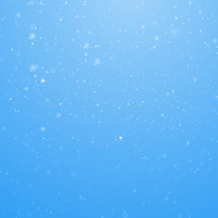 Realistic falling snow on blue background. Snowflakes overlay for Christmas. Abstract winter PNG