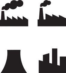 Obraz premium Set of Industrial Factory Silhouette Icons – Black Vector Buildings with Smoke Stacks
