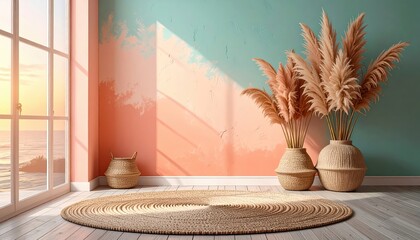 Obraz premium A sun-drenched, stylish interior with a boho-chic aesthetic, featuring natural textures and warm colors.