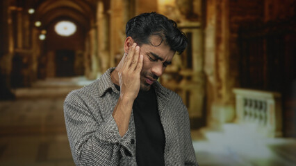 Young man in grey jacket holding cheek inside ornate church building; toothache discomfort concern worry.