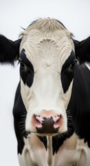 Closeup portrait of black and white cow isolated on white background