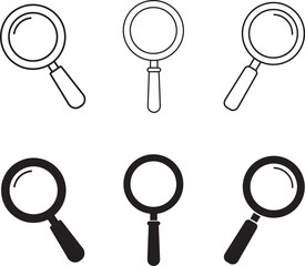 Collection of magnifying glass icons in outline and silhouette styles